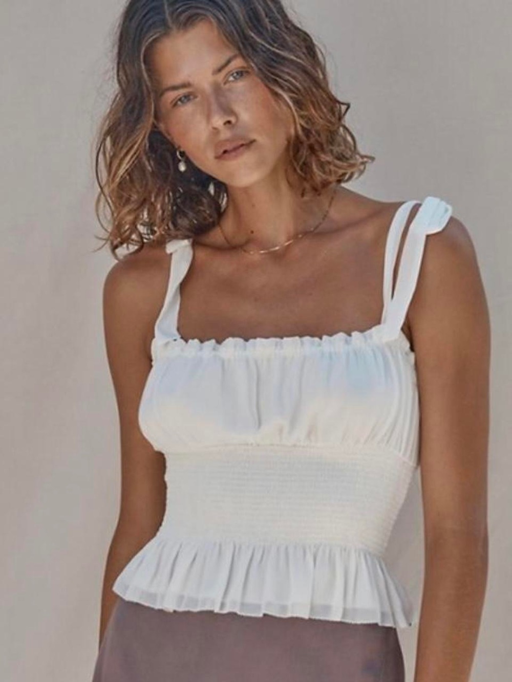 Aritzia Wilfred White Smocked Ruffle Tie-Strap Camisole